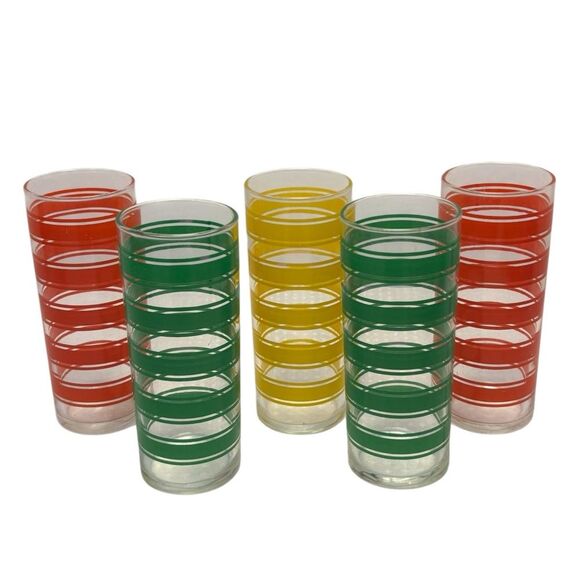 Libbey MCM Colorful Stripe Tom Collins Highball Glass Red Green Yellow Set of 5 - Picture 1 of 4